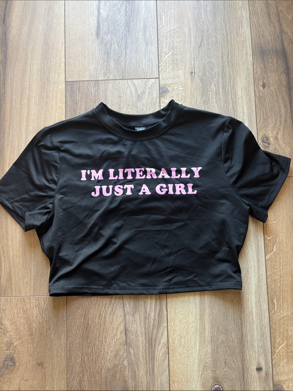 SHEIN Black Crop Tee with Pink Slogan